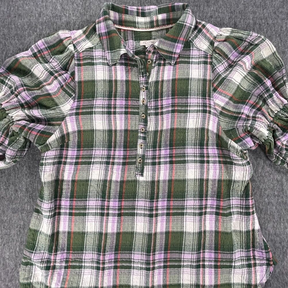 Anthropologie Pilcro Tallulah Puff-Sleeve Plaid Buttondown Top S Green Blouse - Picture 11 of 13